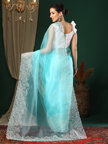 Women's Organza Light Blue Embroidered Designer Saree With Blouse Piece