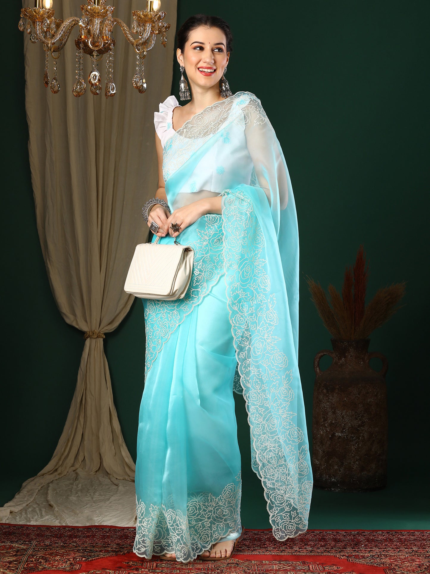 Women's Organza Light Blue Embroidered Designer Saree With Blouse Piece