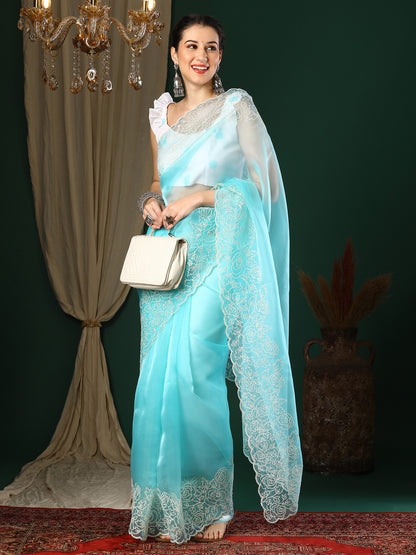 Women's Organza Light Blue Embroidered Designer Saree With Blouse Piece