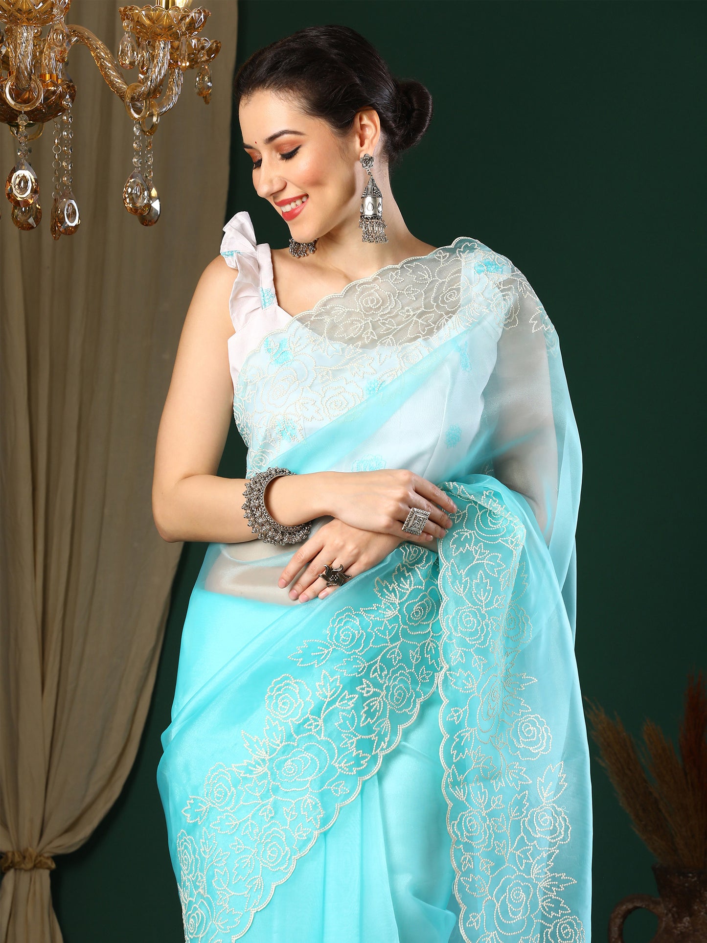 Women's Organza Light Blue Embroidered Designer Saree With Blouse Piece