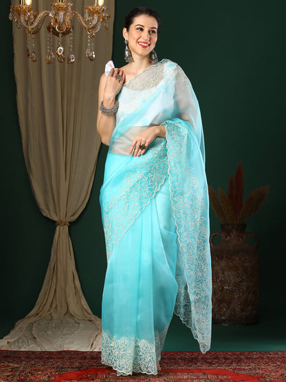 Women's Organza Light Blue Embroidered Designer Saree With Blouse Piece