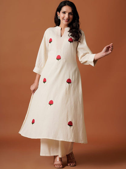 Dhiyona IE Embroidered Mandarin Collar Pure Cotton A-Line Top With Trousers