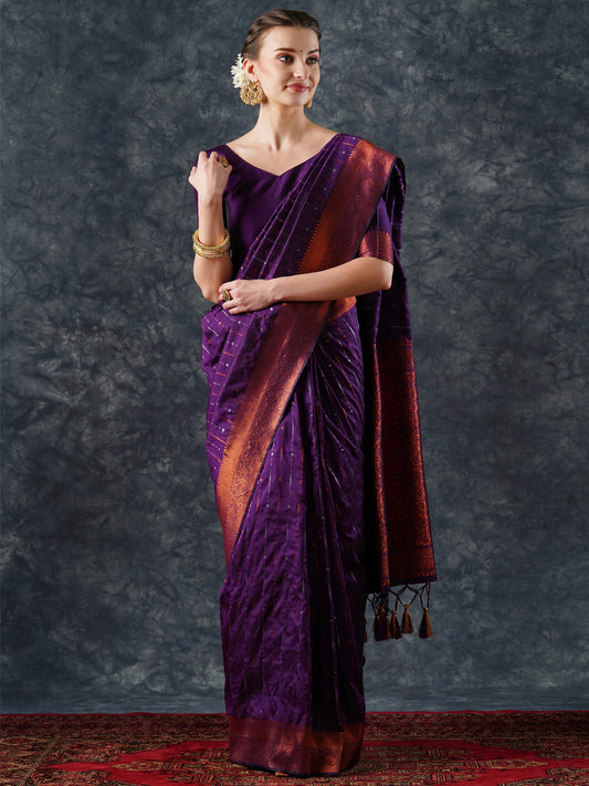 Women's Silk Blend Purple Woven Design Designer Saree With Blouse Piece