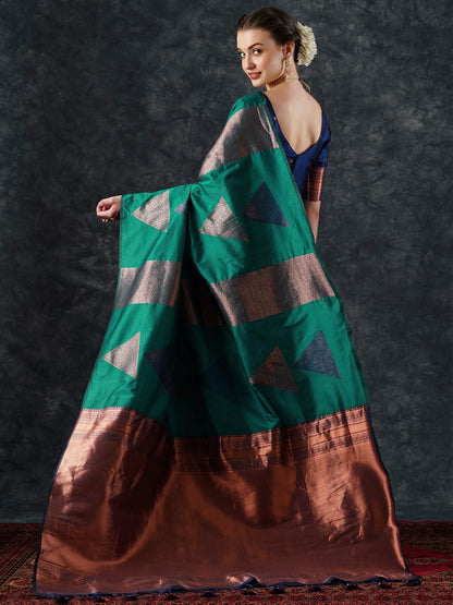 Women's Silk Blend Teal blue Woven Design Designer Saree With Blouse Piece