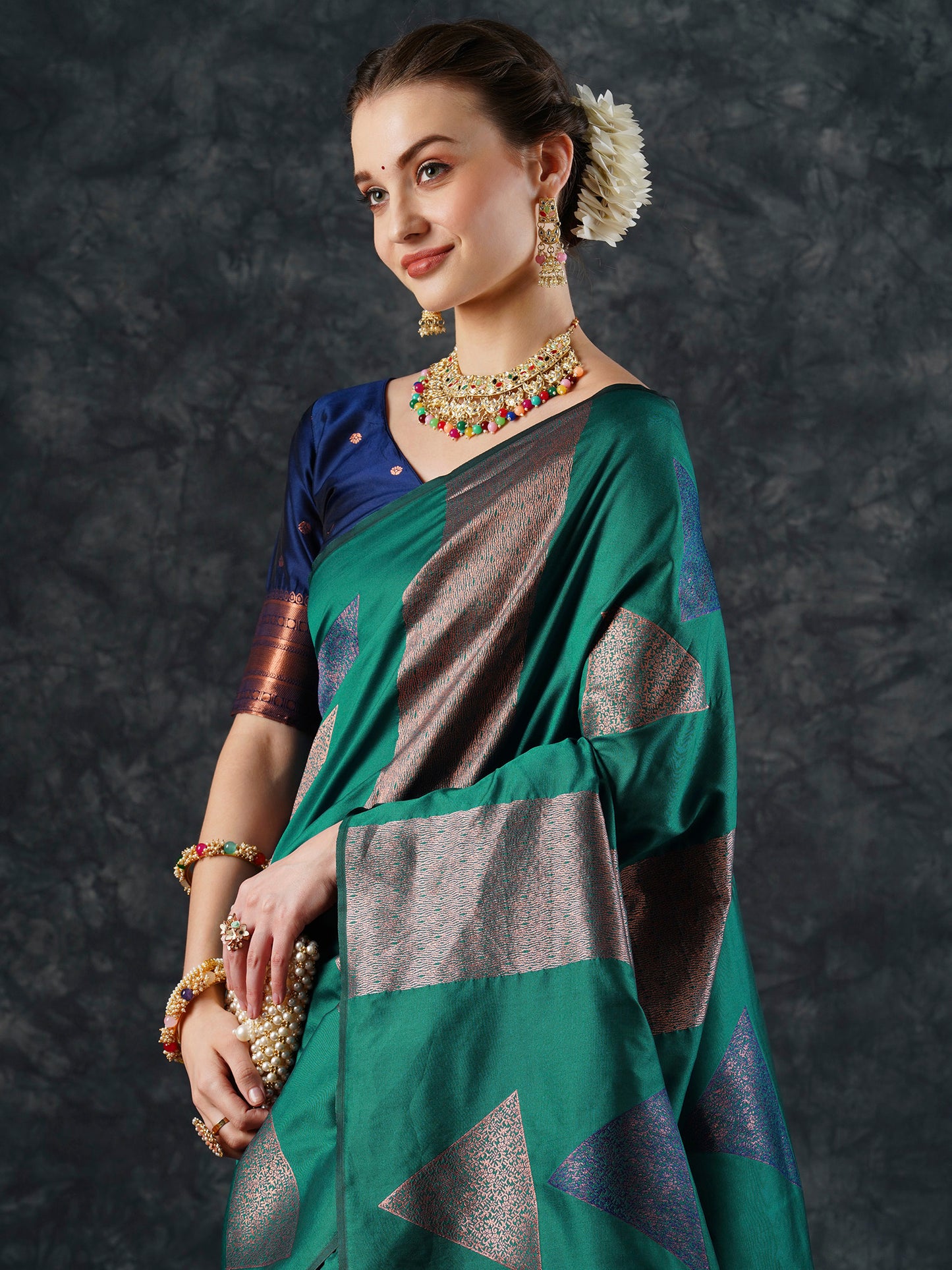 Women's Silk Blend Teal blue Woven Design Designer Saree With Blouse Piece