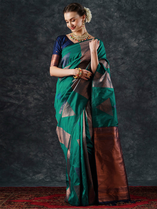 Women's Silk Blend Teal blue Woven Design Designer Saree With Blouse Piece