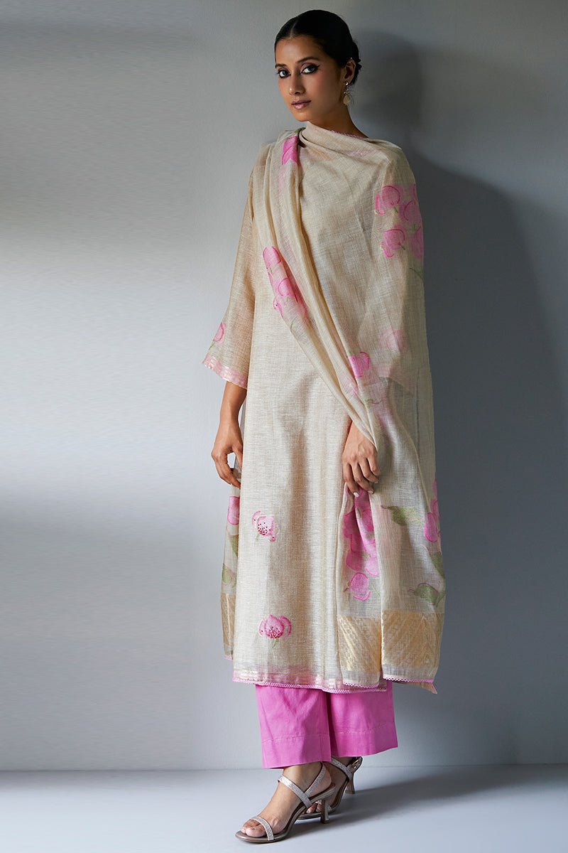 Women's Beige and Pink Woven Viscose Chanderi Kurta Suit Set With Delicate Hand Work Detailing