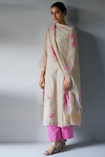 Women's Beige and Pink Woven Viscose Chanderi Kurta Suit Set With Delicate Hand Work Detailing