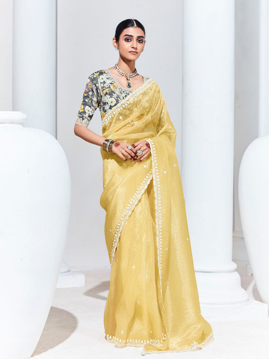 Dhiyona KM Women Graceful Yellow Saree With Floral-Print Blouse “ Radiant Elegance