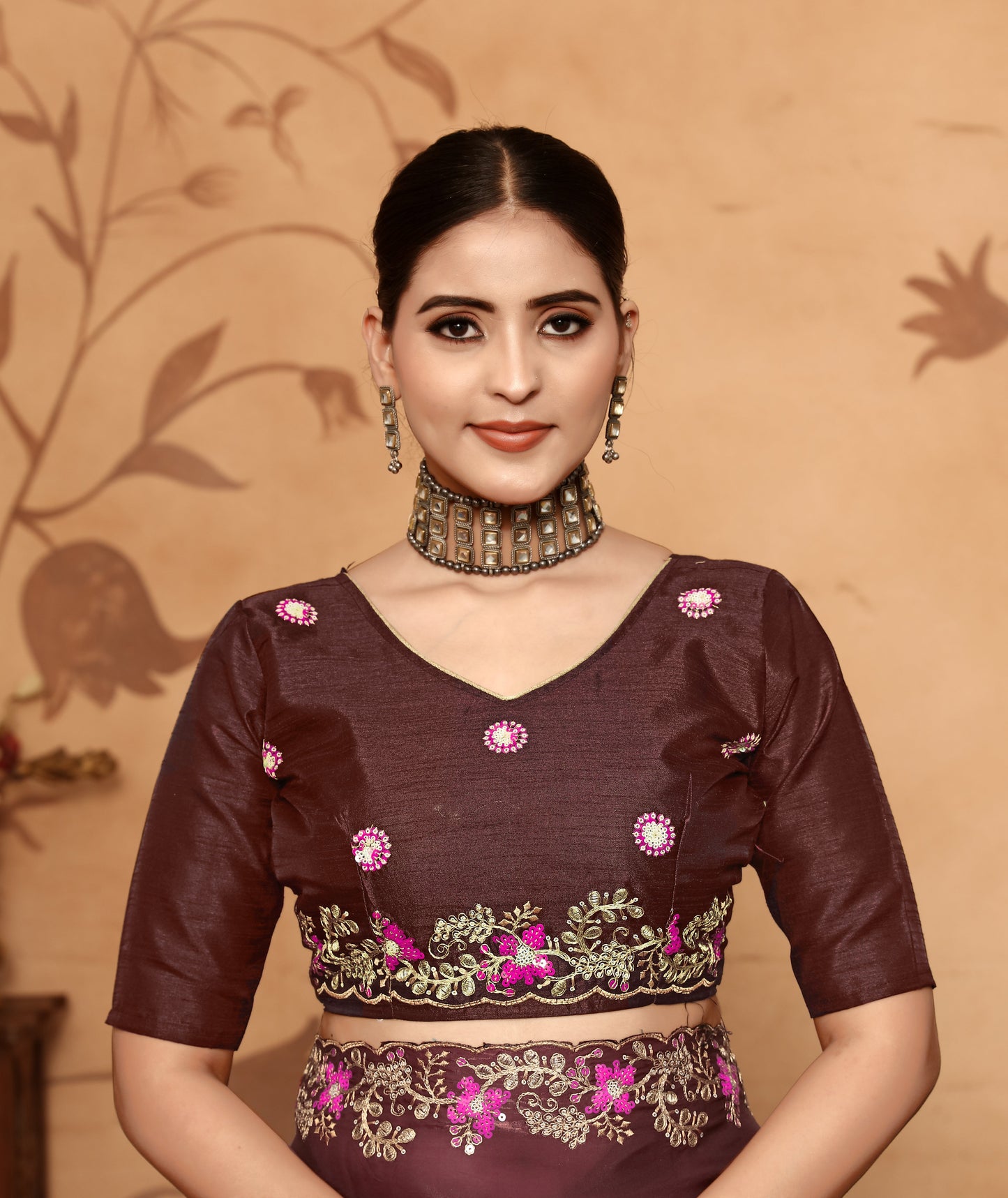 Dhiyona GR Women's Armani Chocolate Brown Jimmi Choo Embroidered Saree