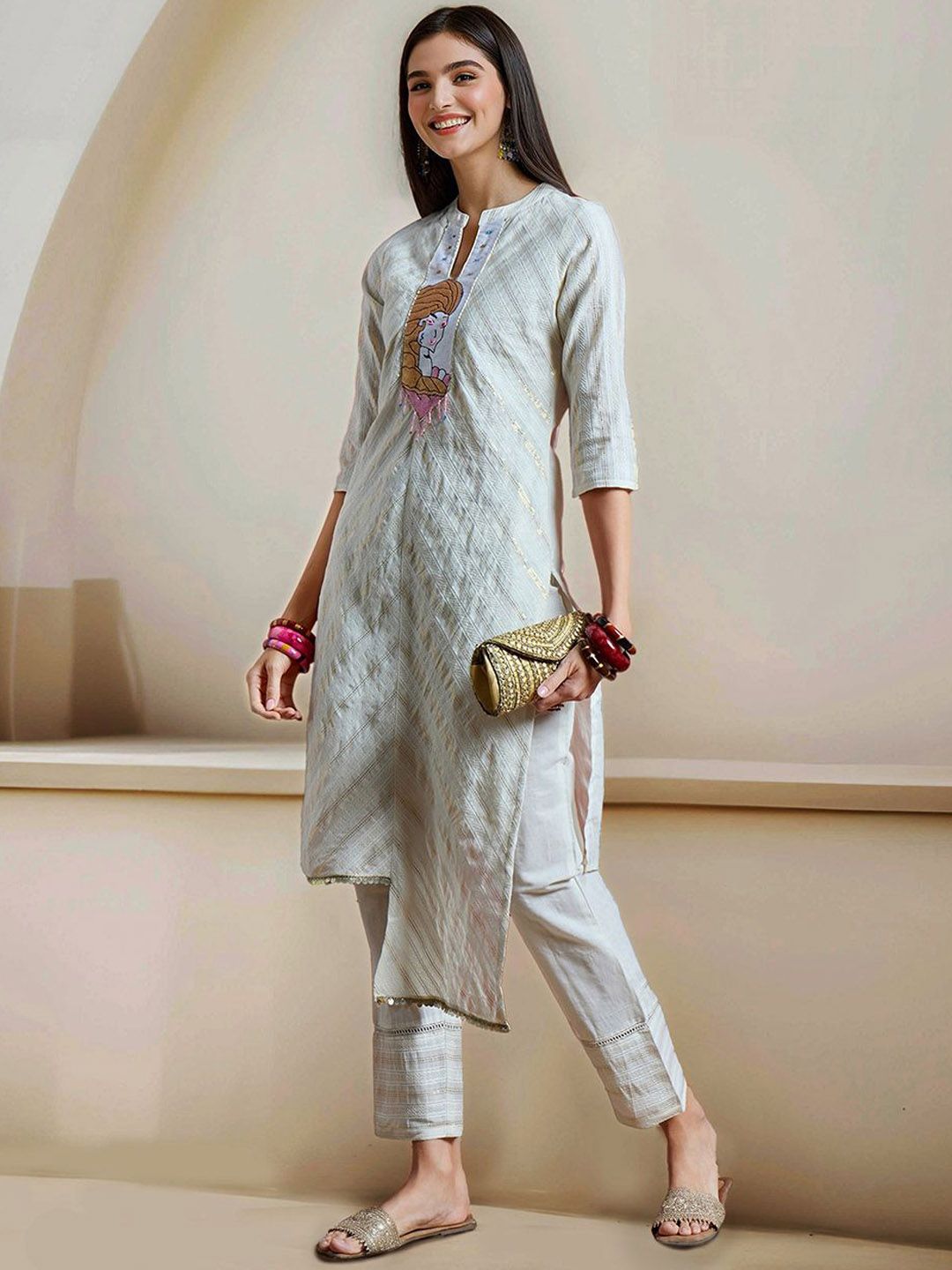 Dhiyona IS Women's Striped Yoke Design Mandarin Collar Pure Cotton Straight Kurta With Trousers
