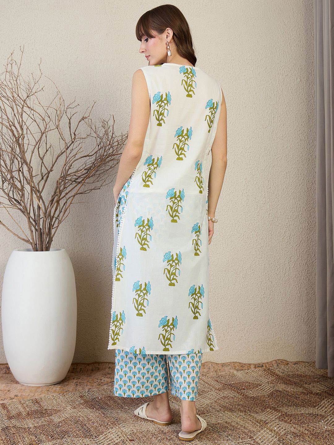 Floral Printed Mandarin Collar A Line Pure Cotton Kurta With Palazzos