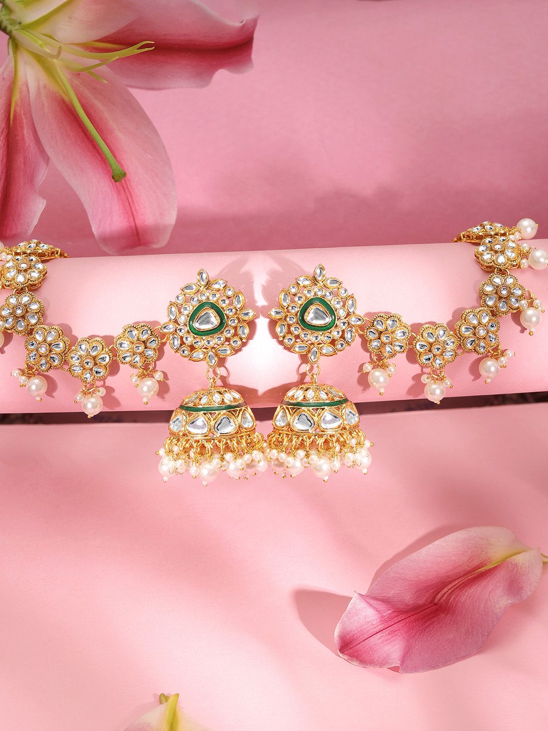 Dhiyona RJ Women's 22K Gold Plated Kundan Crystal Kan Chain Earrings with Pearls & Green Enamel Detail