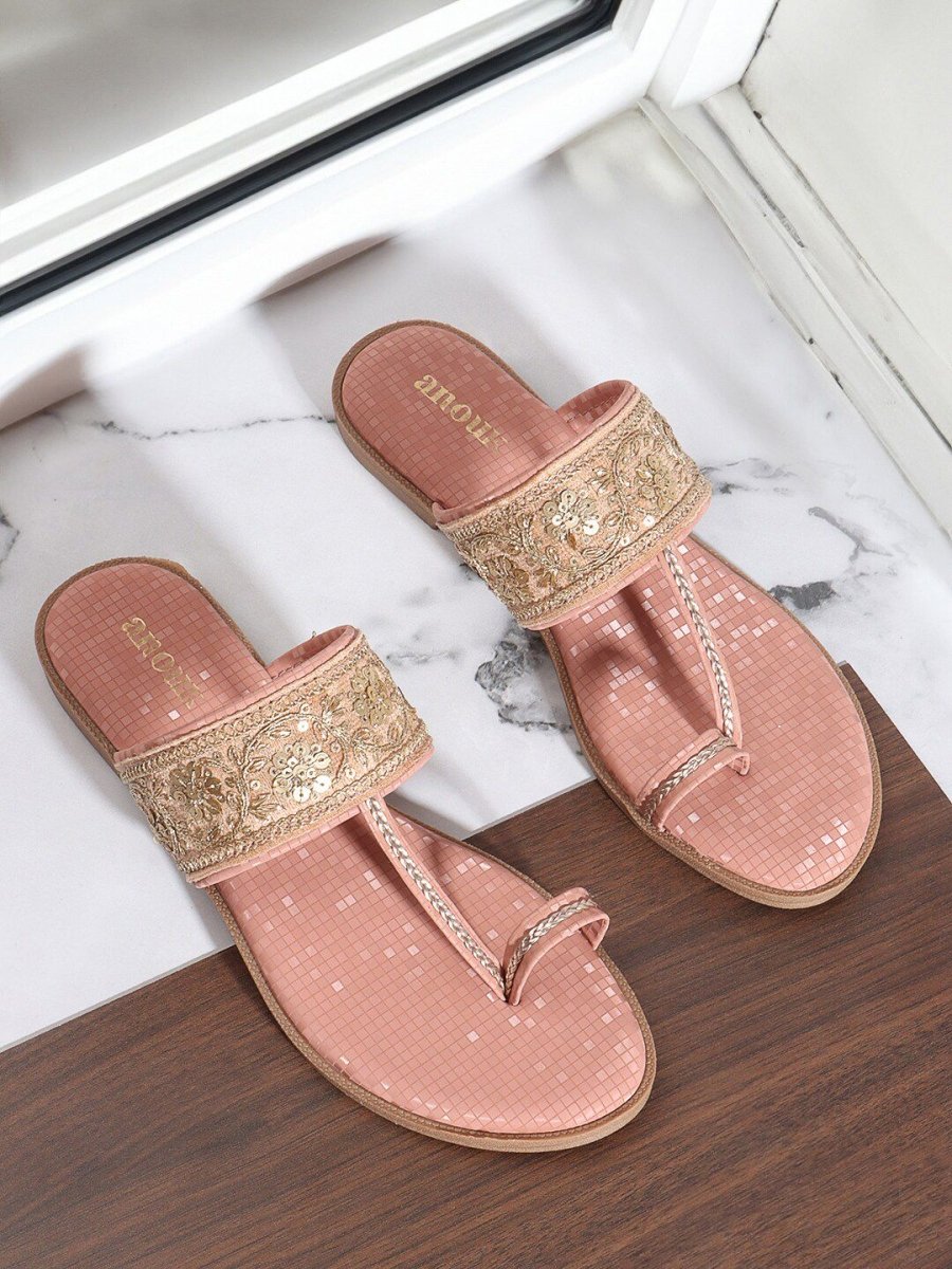 Dhiyona AK Peach-Coloured Embellished One Toe Flats