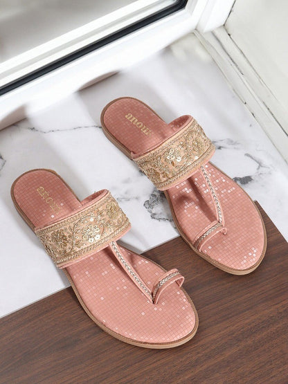 Dhiyona AK Peach-Coloured Embellished One Toe Flats