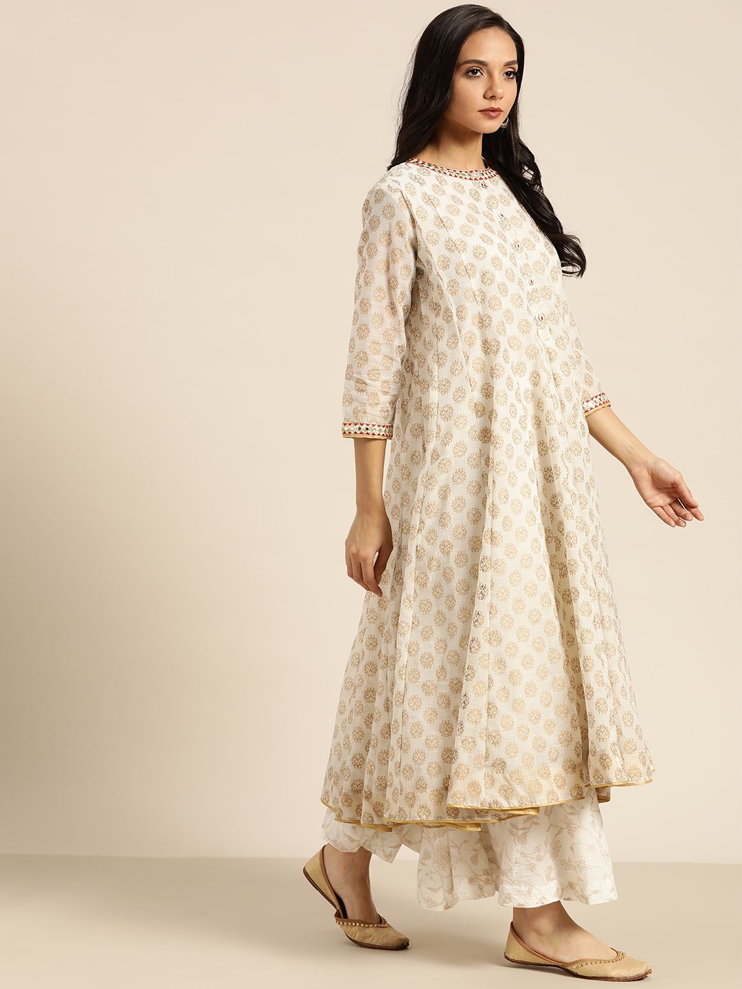 Dhiyona SN Women's Off-White & Golden Printed Kurta with Palazzos & Dupatta