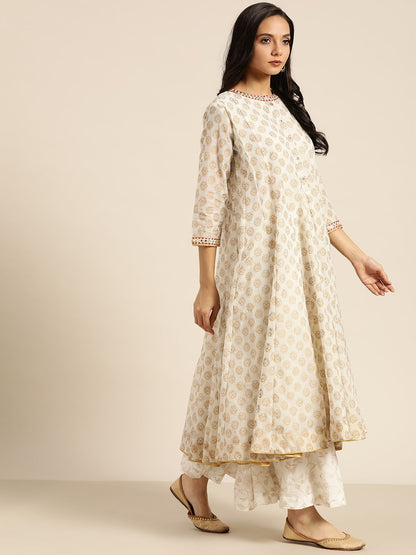 Dhiyona SN Women's Off-White & Golden Printed Kurta with Palazzos & Dupatta