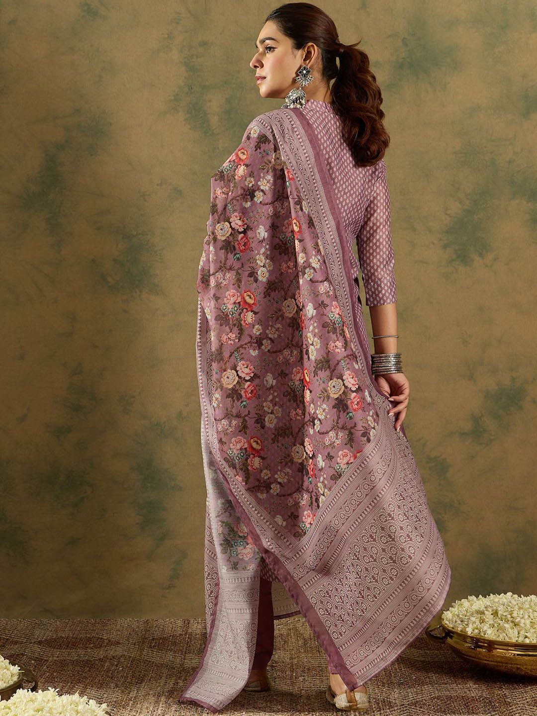 Floral Printed Thread Work Chanderi Silk Straight Kurta with Trouser & Dupatta