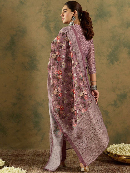 Floral Printed Thread Work Chanderi Silk Straight Kurta with Trouser & Dupatta