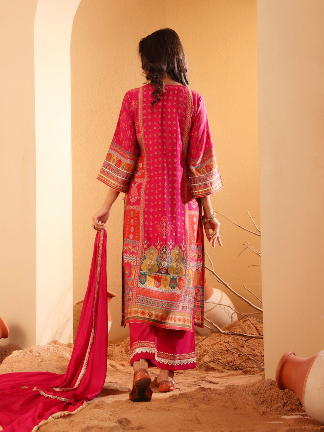 Dhiyona VA Women'sEthnic Motifs Printed Sequinned Chanderi Silk Kurta with Trousers And Dupatta