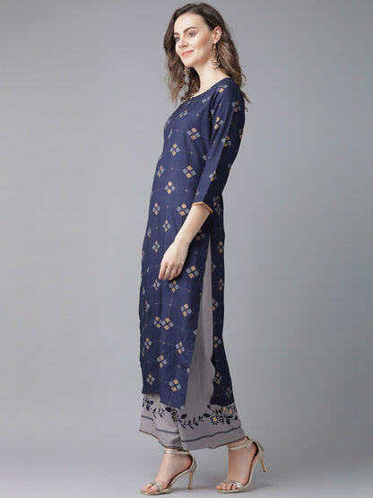 Dhiyona IE Women Navy Blue Floral Printed Thread Work Kurta