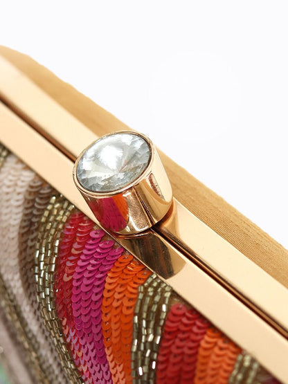 Dhiyona NR Women Gunmetal-Toned & Pink Embroidered Embellished Box Clutch