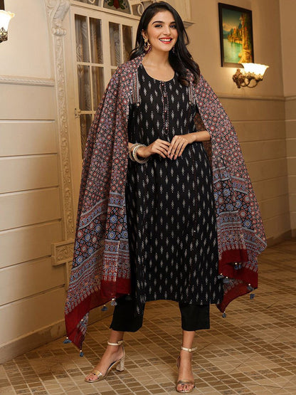 Dhiyona IS Women's Ethnic Motifs Printed Pure Cotton Straight Kurta With Trouser & Dupatta