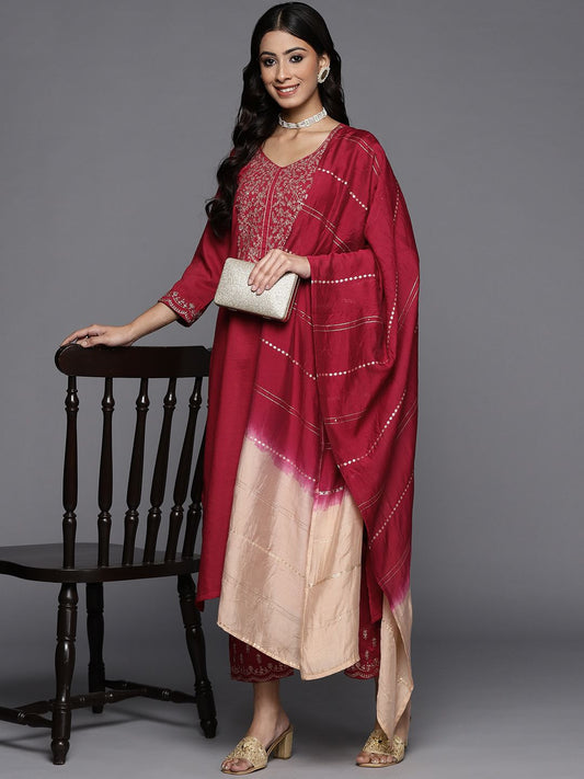 Dhiyona VA Women's Maroon Ethnic Motifs Yoke Design Sequinned Kurta with Trousers & Dupatta