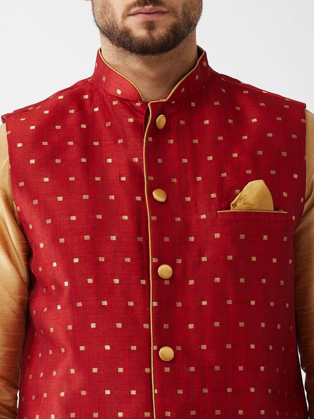 Men's Rose Gold Silk Blend Straight Jacket  Kurta and Dhoti Set