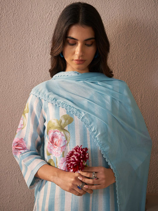 Floral Printed V-Neck Linen Kurta with Trousers & Dupatta