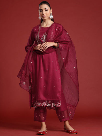 Dhiyona IE Ethnic Motifs Embroidered Thread Work Kurta With Trousers & Dupatta