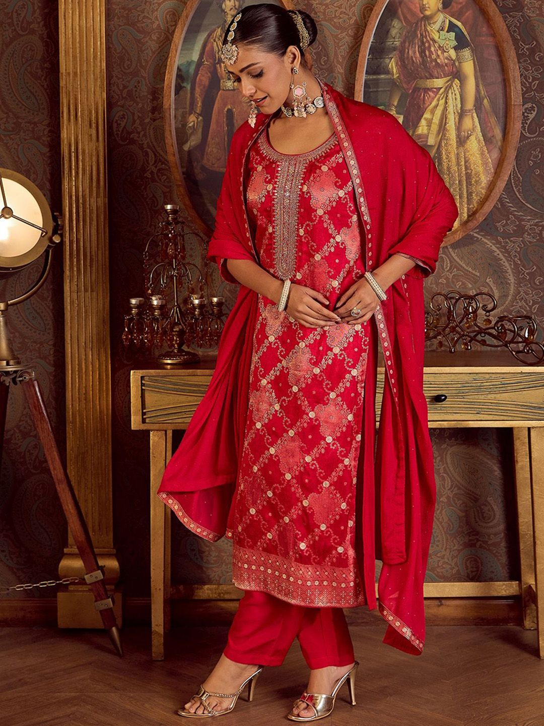 Women Embroidered Regular Kurta with Trousers & With Dupatta