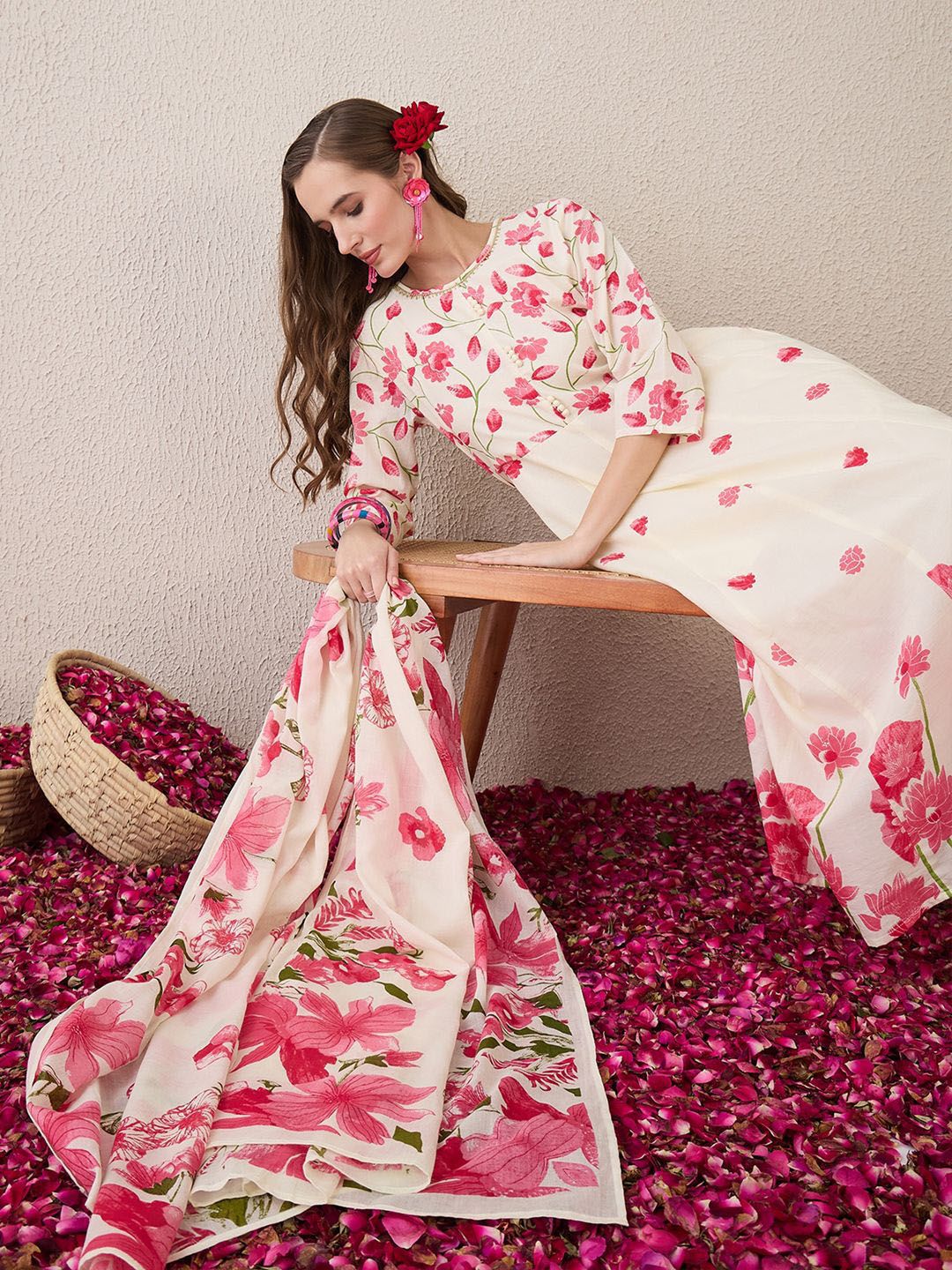 Floral Printed Beads & Stones Pure Cotton A-Line Kurta With Trousers & Dupatta