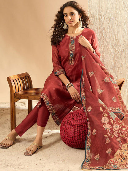 Dhiyona IE Women Embroidered Regular Thread Work Chanderi Silk Kurta Trousers Dupatta