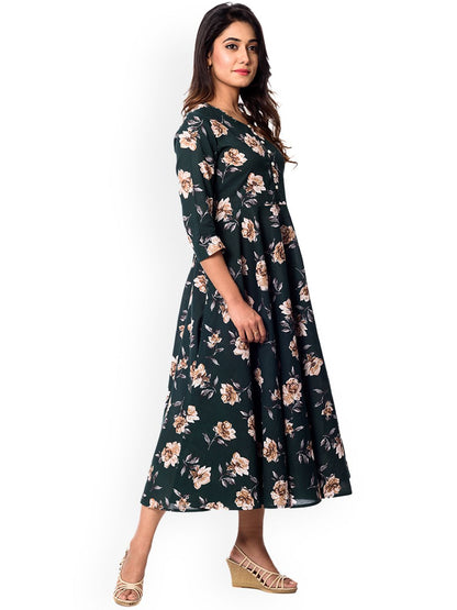 Dhiyona AY Women's Green Printed Fit and Flare Dress