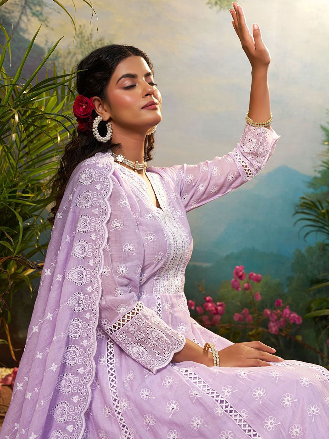 Floral Embroidered Pure Cotton Anarkali Kurta With Trousers & Dupatta