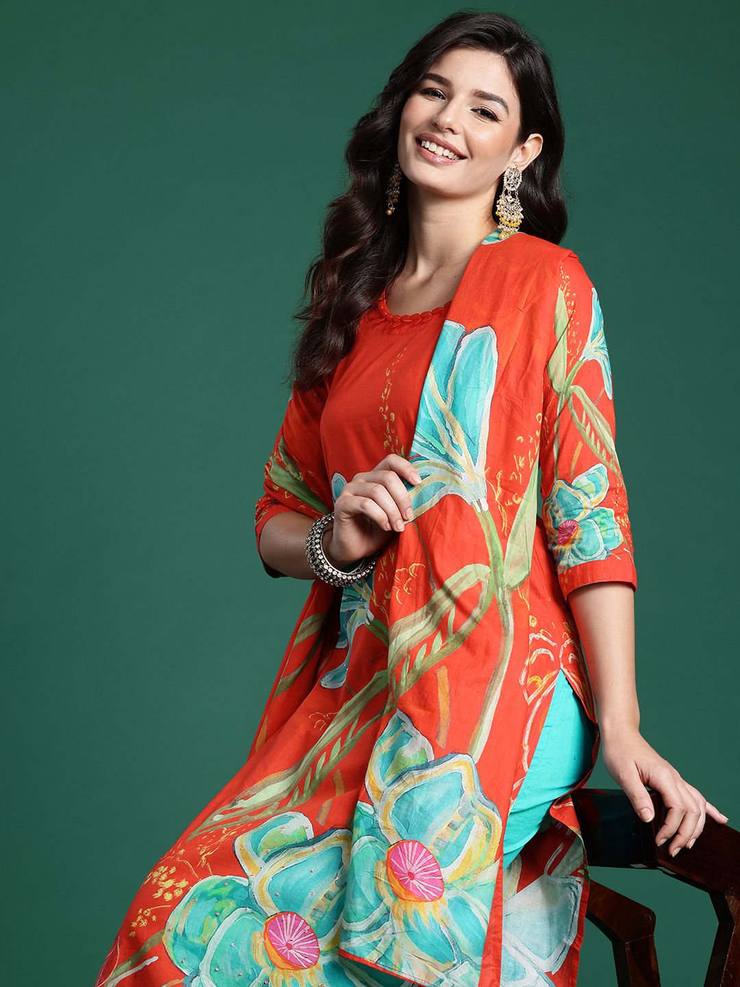 Dhiyona IE Floral Printed Beads & Stones Pure Cotton Kurta With Trousers & Dupatta