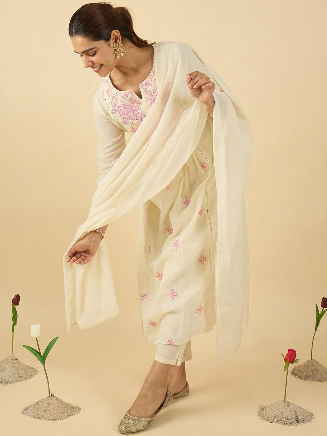 Floral Embroidered Notch Neck Pure Cotton A-Line Kurta & Trousers With Dupatta