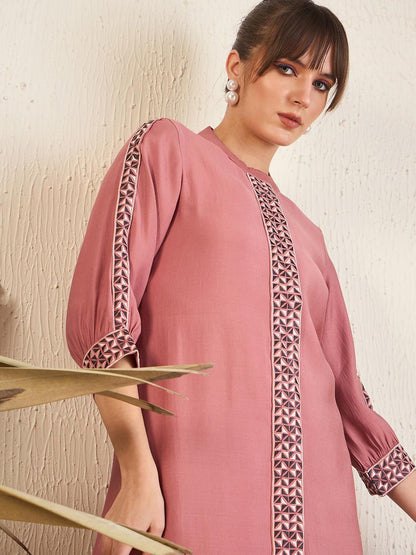 Pink Floral Printed Above Knee Shirt Collar Straight Kurta With Trouser