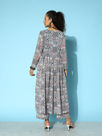 Dhiyona VA Women'sPrinted Silk Georgette Kurta with Trousers