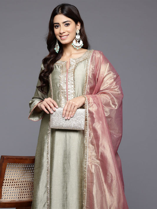 Dhiyona VA Women'sFloral Yoke Design Sequinned Panelled Anarkali Kurta With Palazzo & Dupatta