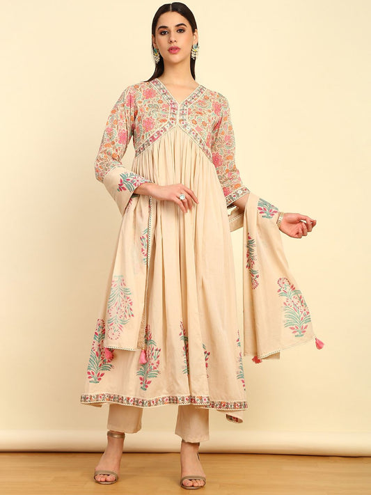 Dhiyona SO Women's Floral Printed Empire Sequinned Pure Cotton Kurta with Trouser & Dupatta