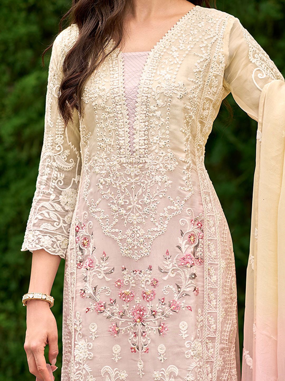 Floral Embroidered Sequinned Straight Organza Kurta With Trousers And Dupatta