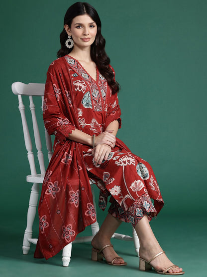 Floral Printed Sequinned Pure Cotton Kurta With Trousers & Dupatta