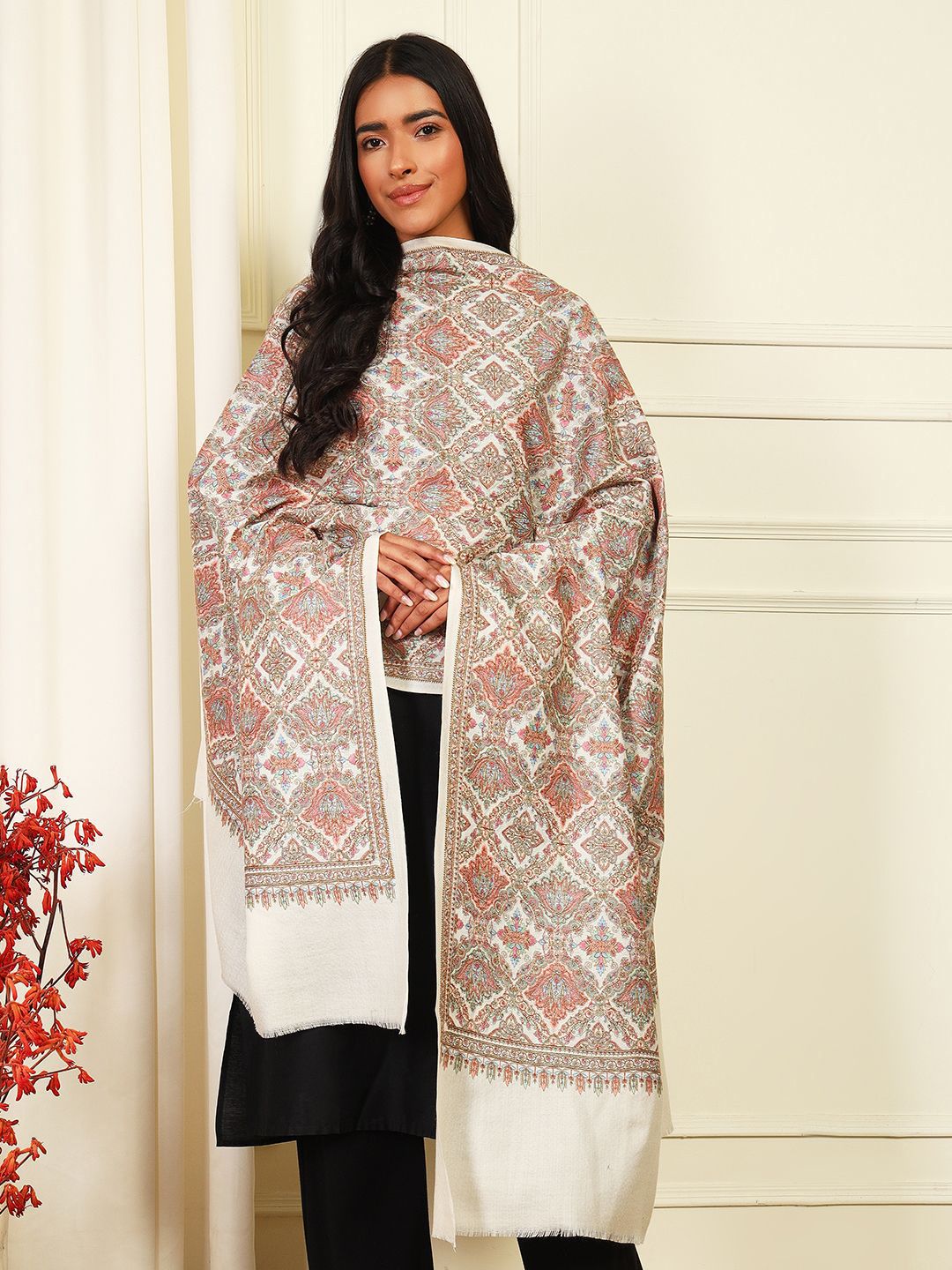Dhiyona PA Ethnic Motifs Embroidered Woollen Silk Shawl