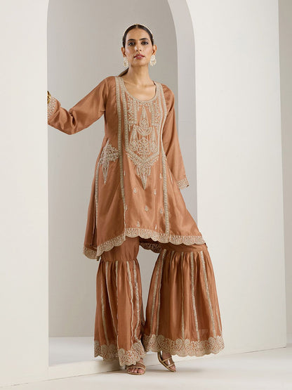 Dhiyona IS Women's Ethnic Motifs Embroidered Regular Thread Work Straight Kurta with Sharara & Dupatta