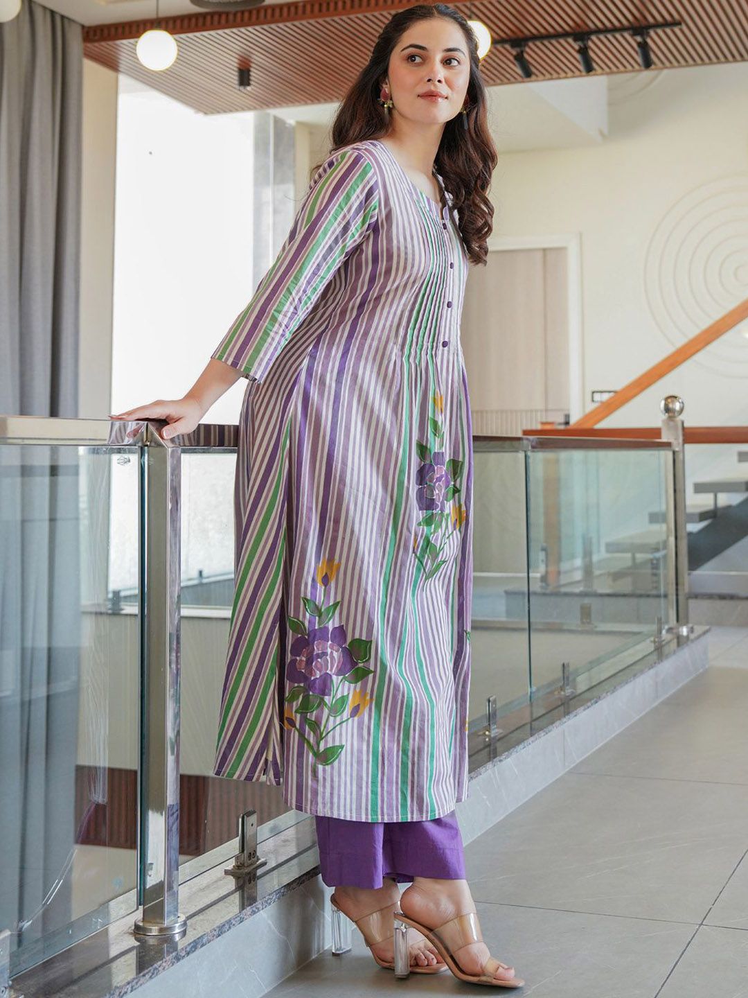 Floral Printed Notch Neck A Line Pure Cotton Kurta With Trousers