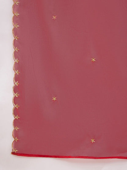 Dhiyona SN Women's Maroon Floral Embroidered Straight Kurta With Trousers & Dupatta