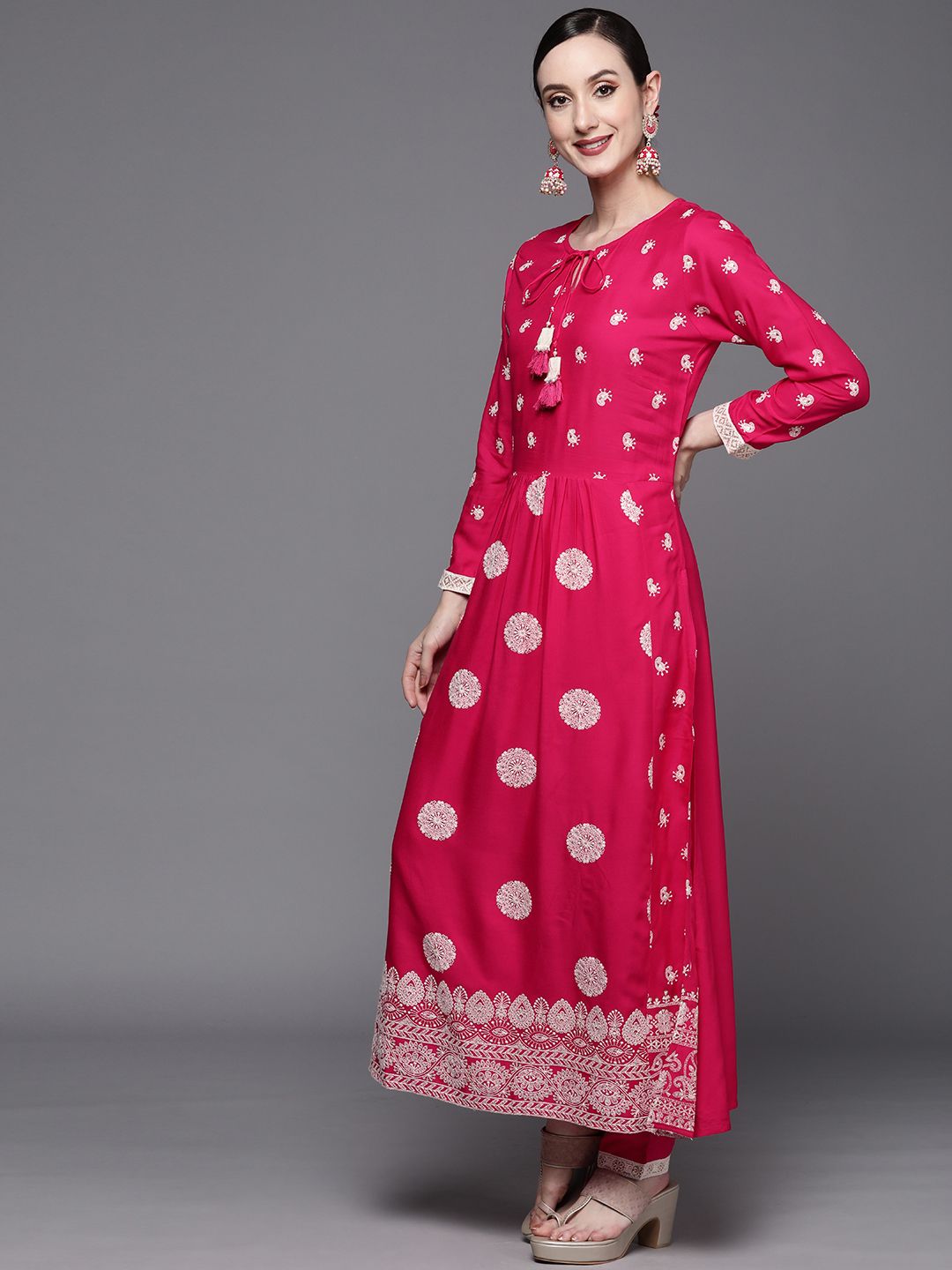Dhiyona IE Women Pink Ethnic Motifs Embroidered Sequinned Kurta with Trousers & With Dupatta