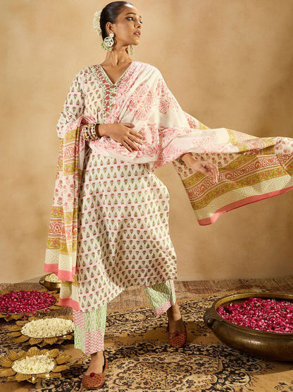 Floral Printed V-Neck Pure Cotton Straight Kurta with Trousers & With Dupatta